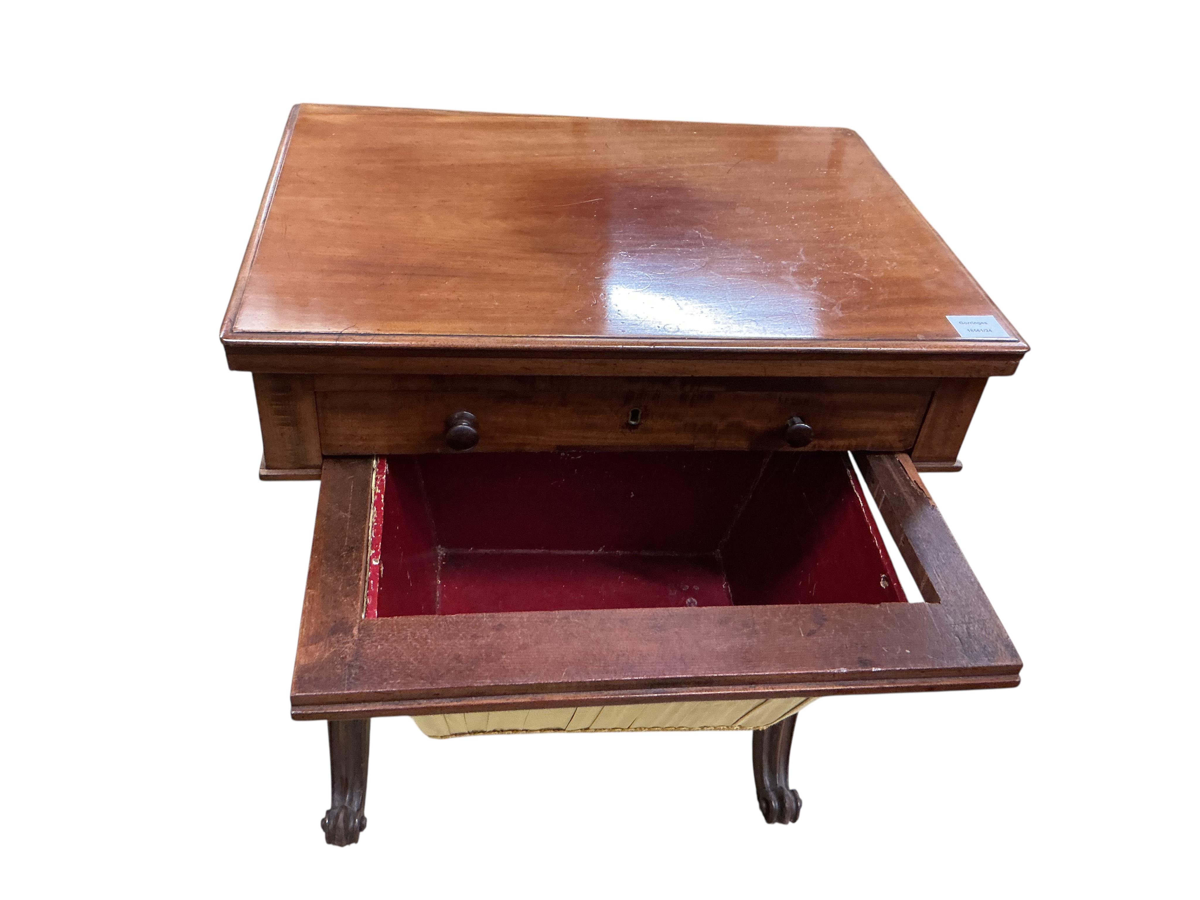 An early Victorian mahogany work / tea table with hinged swivel top, width 60cm, depth 44cm, height 70cm